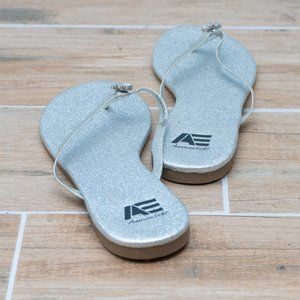 American Eagle Silver Glitter Sandals - Rhinestone Embellishments, Size 6
